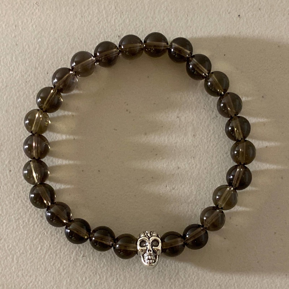 Smoky Quartz Skull Head Stretch Bracelet Sterling Silver